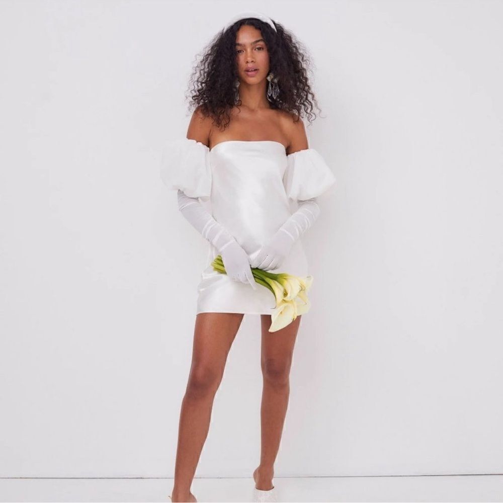 NWT For Love & Lemons Hazel, luxe pearl white bridal mini dress and gloves, M